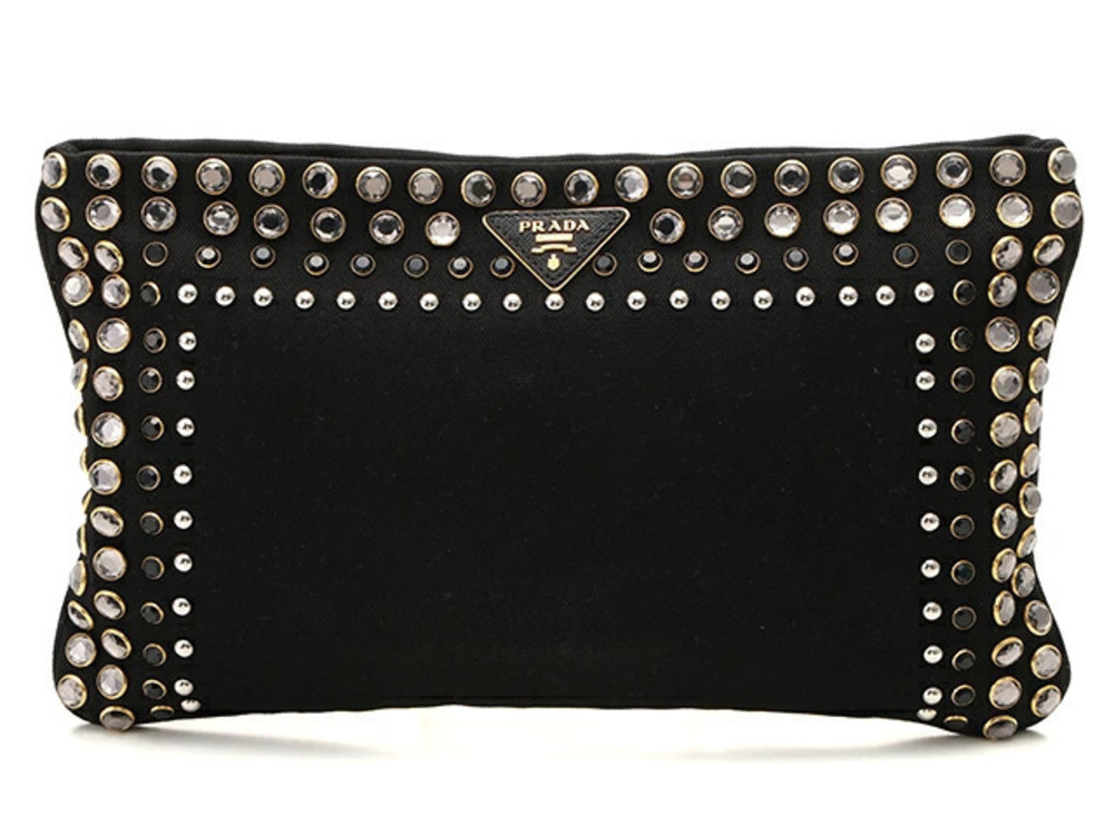Prada beaded stud clutch bag black canvas